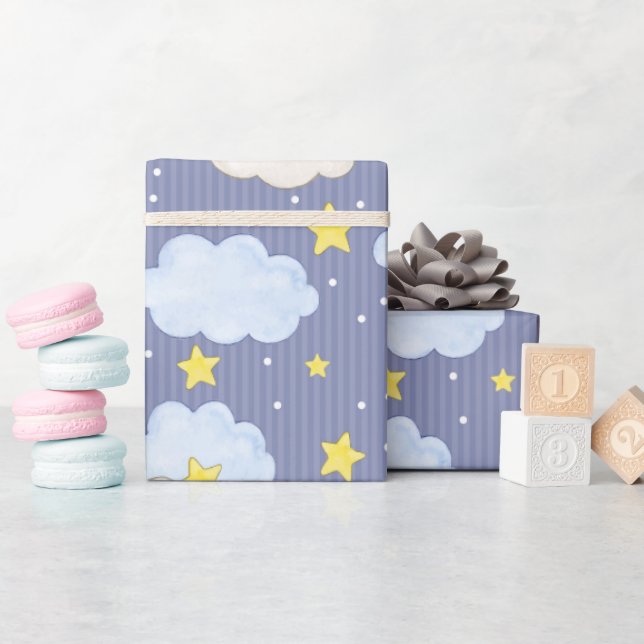 Papel De Presente Estrelas e Nuvens Azuis Celestiais (Chá de bebê)