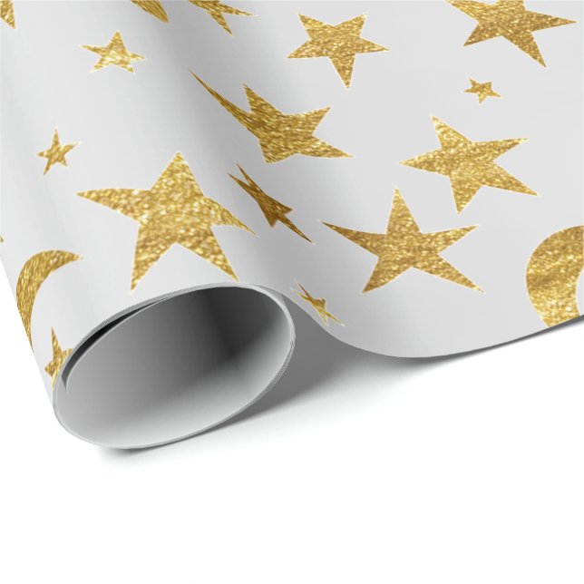 Papel De Presente Estrelas Elegantes Cinzas de Lua Prata Dourada Céu (Ponta do rolo)