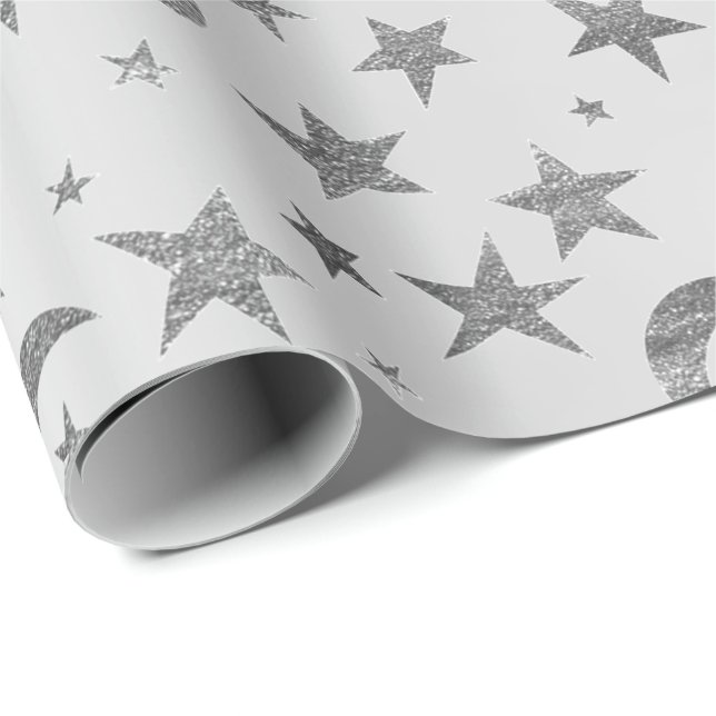 Papel De Presente Estrelas Elegantes Cinzas de Lua Silver Céu Metáli (Ponta do rolo)
