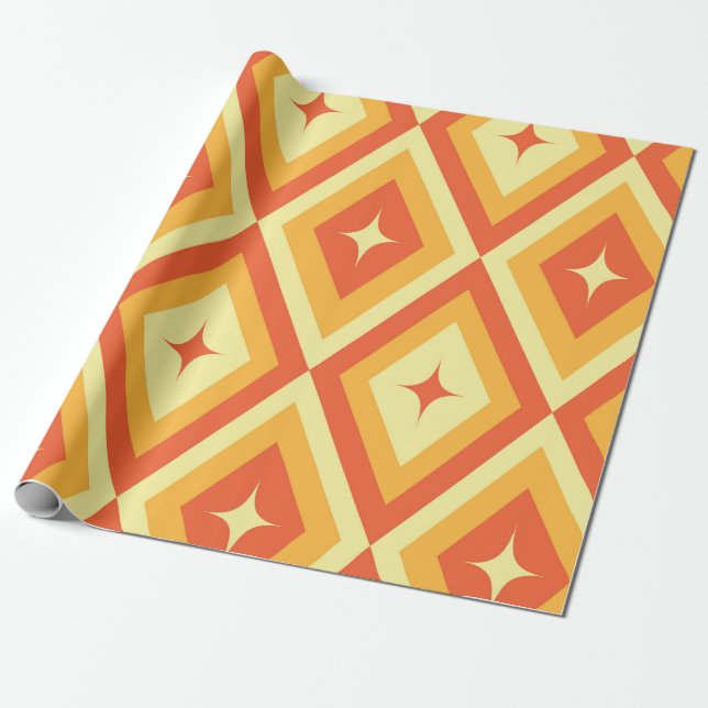 Papel De Presente Estrelas Explodindo em Diamantes Laranja Vermelho  (Desenrolado)
