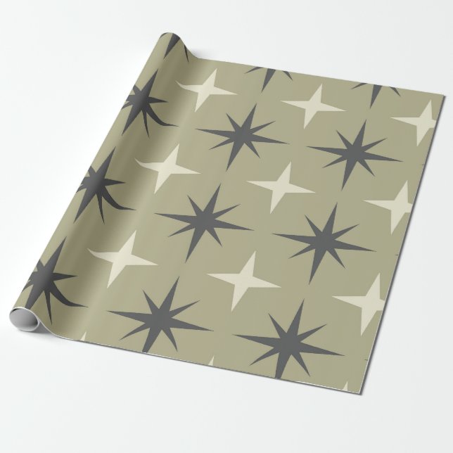 Papel De Presente Estrelas explosivas de meados do século em bege e  (Desenrolado)