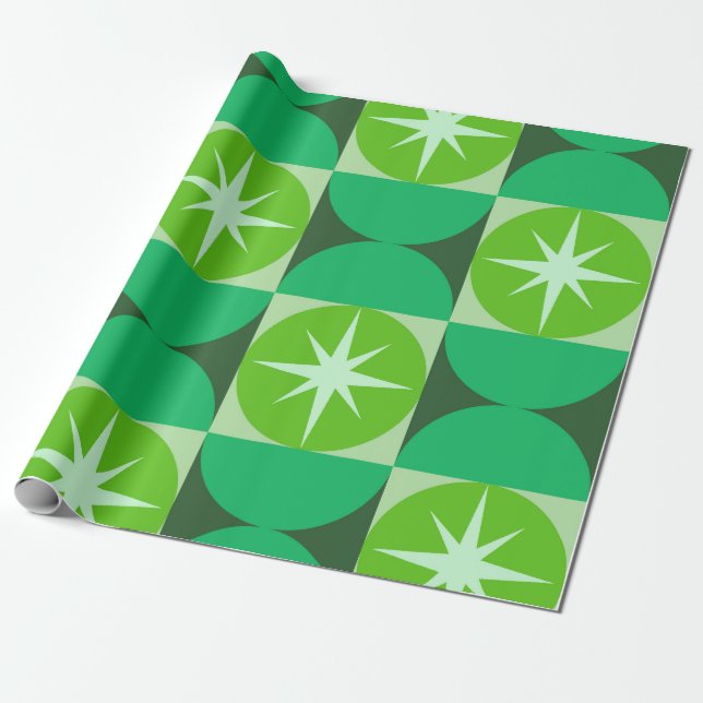 Papel De Presente Estrelas explosivas de meados do século em círculo (Desenrolado)