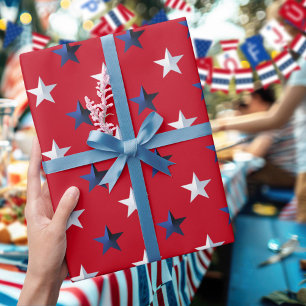 Papel De Presente Estrelas Grandes Americana Branca Azul Vermelha