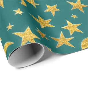 Papel De Presente Estrelas Lua Black Sky Black Dourado Teto Aquático
