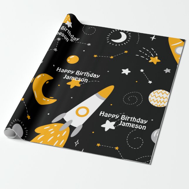 Papel De Presente Estrelas Lua Foguete Espacial Exterior Aniversário (Desenrolado)