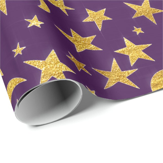 Papel De Presente Estrelas Lua Preta Céu Negro Dourado Lavanda Roxo (Ponta do rolo)