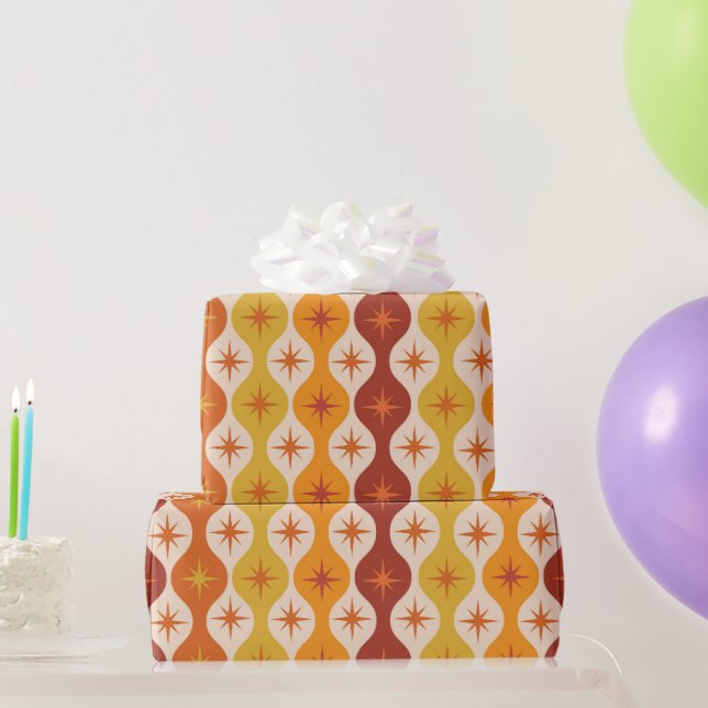 Papel De Presente Estrelas Mod Laranja de Meados do Século no padrão (Presentes para festas)