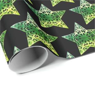 Papel De Presente Estrelas Negras e Verdes Padrão Natal Elegante