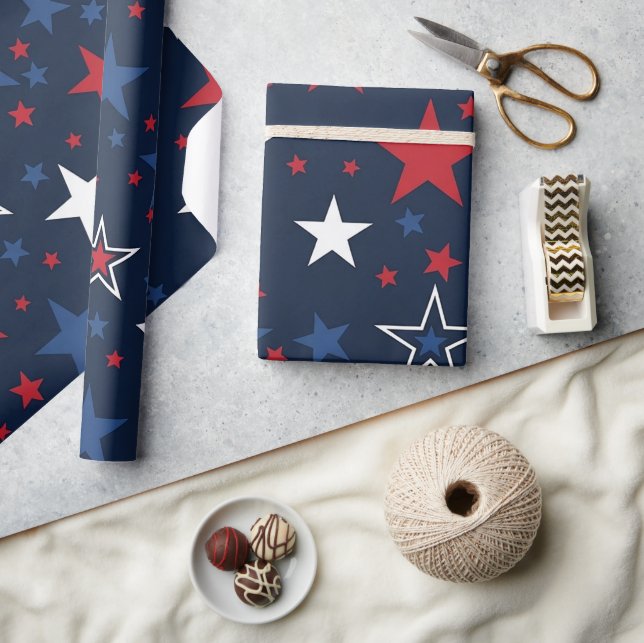 Papel De Presente Estrelas Patrióticas em Padrão Contínuo Azul-Marin (Artesanato)