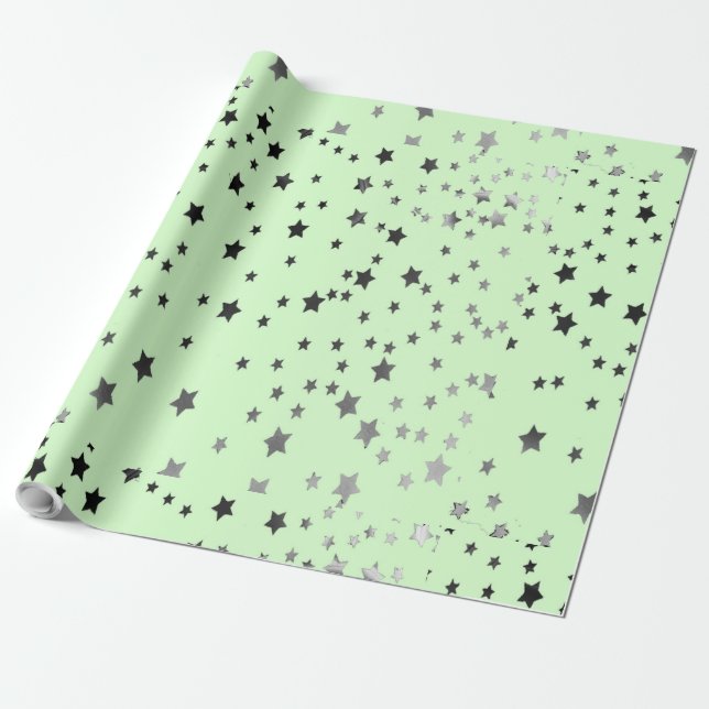 Papel De Presente Estrelas prateadas e pretas em verde (Desenrolado)