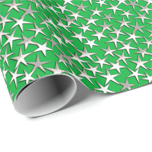 Papel De Presente Estrelas prateadas em verde esmeralda