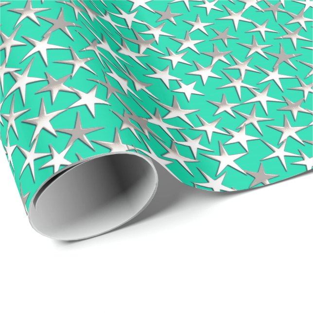 Papel De Presente Estrelas prateadas na turquesa (Ponta do rolo)