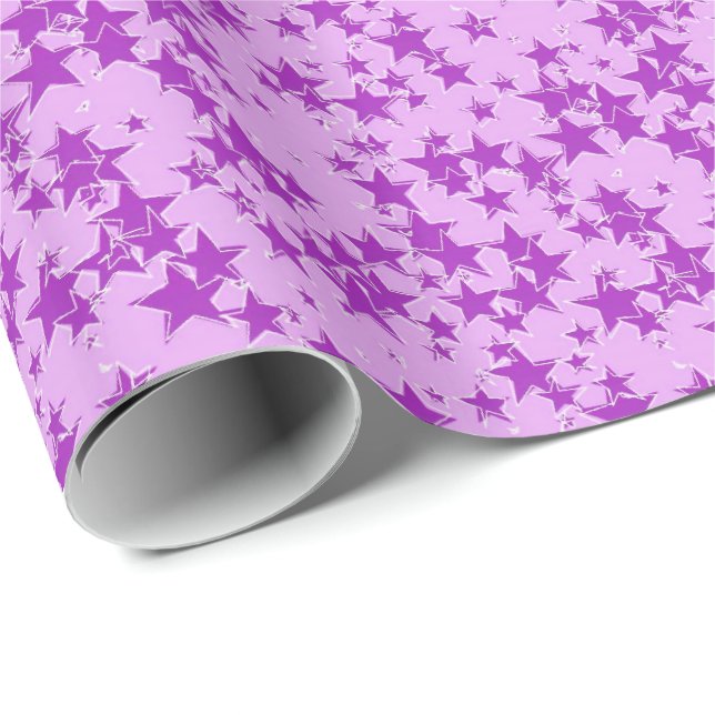 Papel De Presente Estrelas roxas sobre fundo de lavanda (Ponta do rolo)