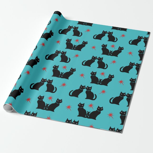 Papel De Presente Estrelas vermelhas do Gatinho de Gato Preto Retro  (Desenrolado)
