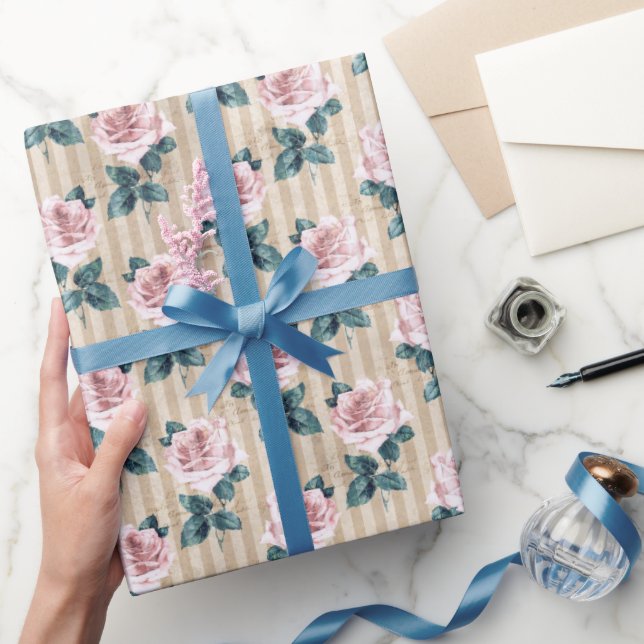 Papel De Presente Estrias Amarelas e Rosas de Chá Rosa Todas as Ocas (Presentear)