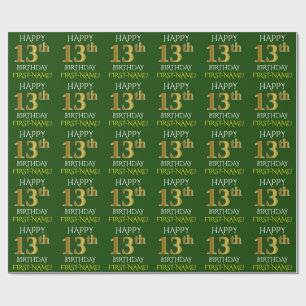Papel De Presente Esverdeie, ANIVERSÁRIO FELIZ Dourado do falso "13