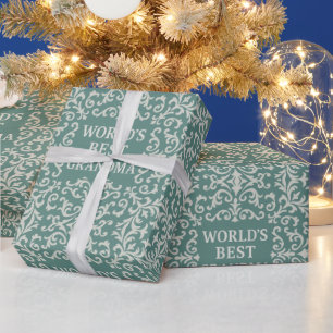 Papel De Presente Eterno Elegance World's Best Grandma Damask Teal
