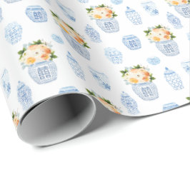 Papel De Presente Eterno Flores De Outono Azul Branco E Laranja