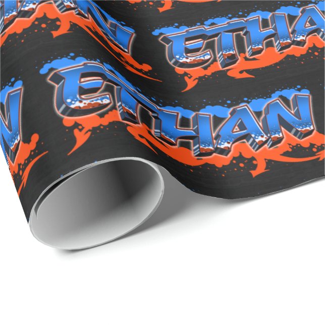 Papel De Presente Ethan Vorname Name Graffiti blue orange (Ponta do rolo)