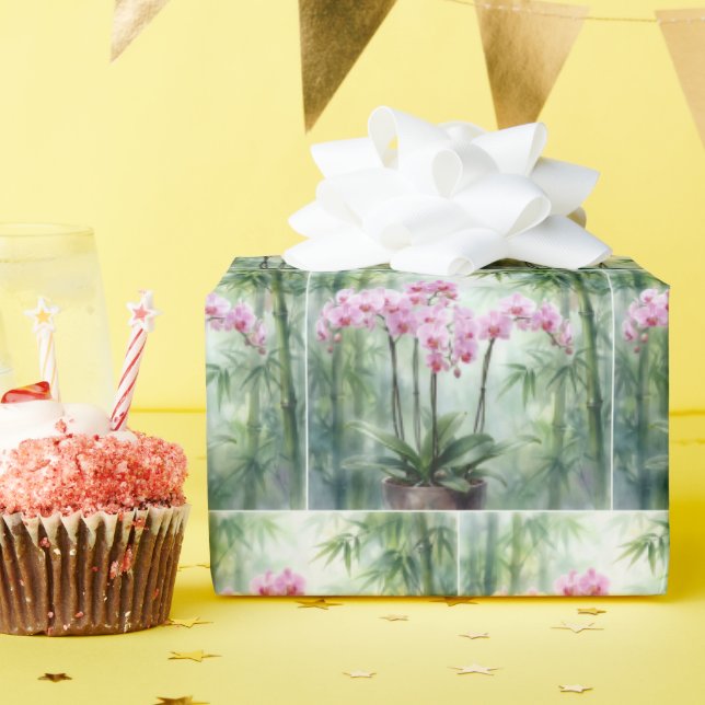 Papel De Presente Ethereal Pink Orchids and Bamboo (Festa de aniversário)