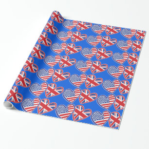 Papel De Presente EUA e Reino Unido Patriotic Flag Hearts