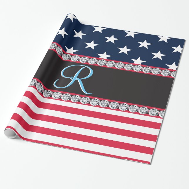 Papel De Presente EUA Stars Stripes Script Monograma Dazzling (Desenrolado)