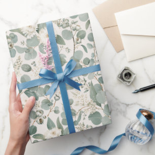 Papel De Presente Eucalipto Orgânico e Flores Modernas