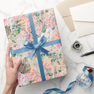 Papel De Presente Eucalipto Rosa Branco Floral Boho Noiva Aniversári