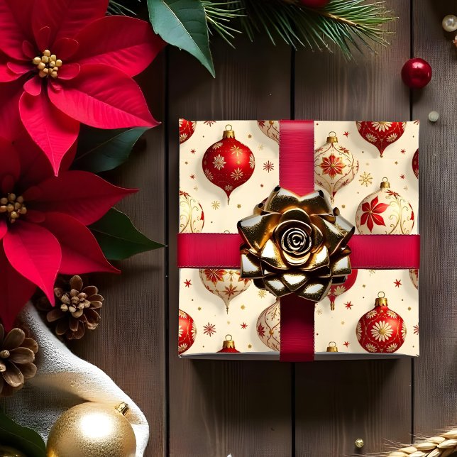 Papel De Presente Excelente Enfeites de natal Vermelhos e Dourados (Exquisite Vintage Red & Faux Gold Christmas Ornaments Wrapping Papers.)