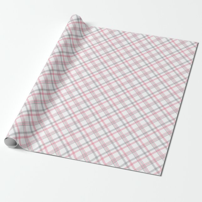 Papel De Presente Excelente padrão xadrez de cinza e rosa (Desenrolado)