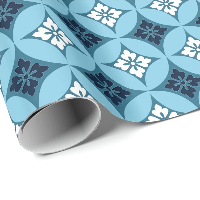 Papel De Presente Expedição com Motif Flor, Azul e Branco (Ponta do rolo)