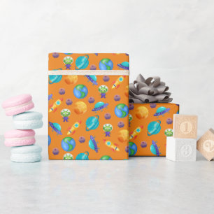 Papel De Presente Exploradores de Espaço em Laranja