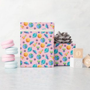 Papel De Presente Exploradores de Espaço na Rosa claro