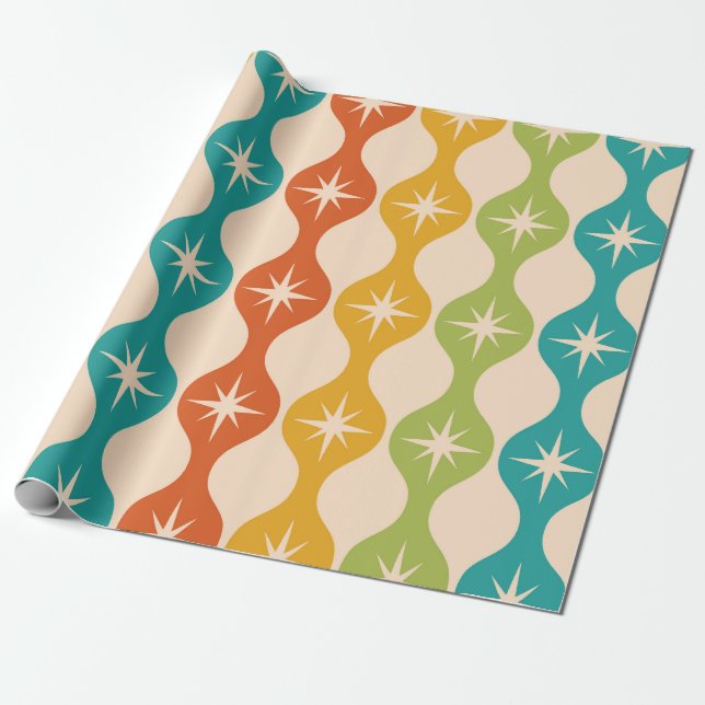 Papel De Presente Explosões de Estrelas Retro de Meados do Século em (Desenrolado)
