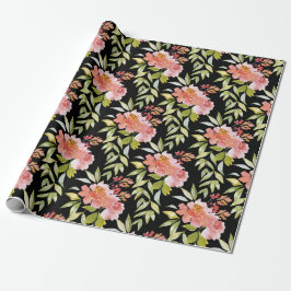 Papel De Presente Exuberante Vegetação Floral Vermelha em Preto