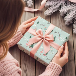 Papel De Presente Fa La La Cute Pink Elf Ice Skating Girly 