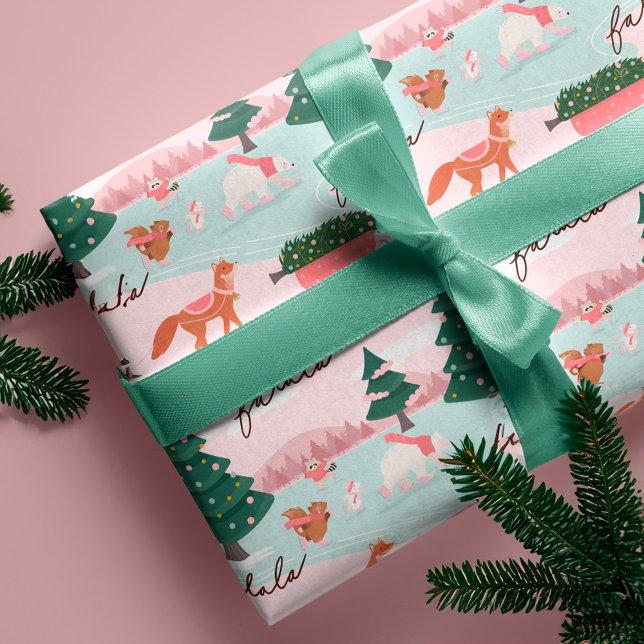 Papel De Presente Fa La Winter Wonderland Forest Animais (Fa La Winter Wonderland Forest Woodland Animals Wrapping Paper)