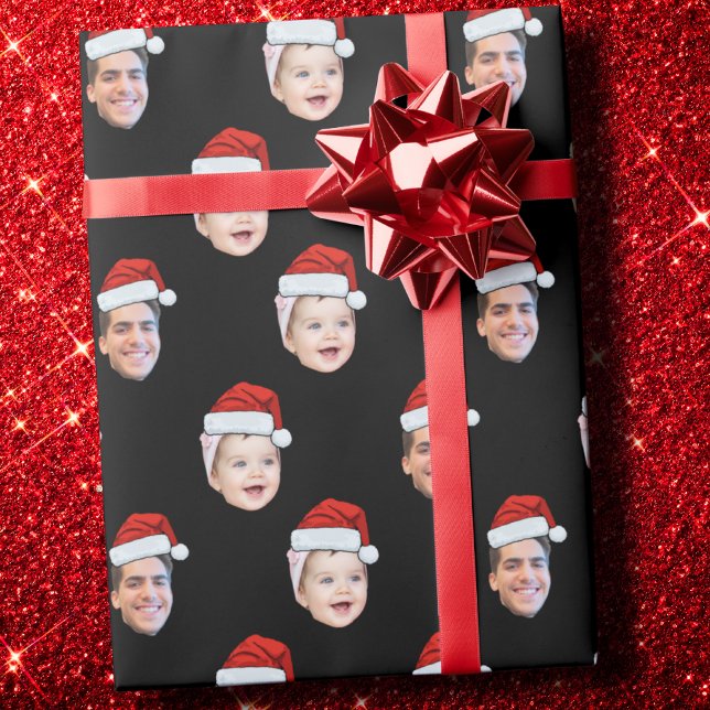 Papel De Presente Face Santa Hat da Família de Duas Fotos Personaliz (Criador carregado)