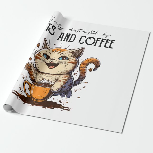 Papel De Presente Fácil Distração Por Gatos E Café Cat Lovers Co (Desenrolado)