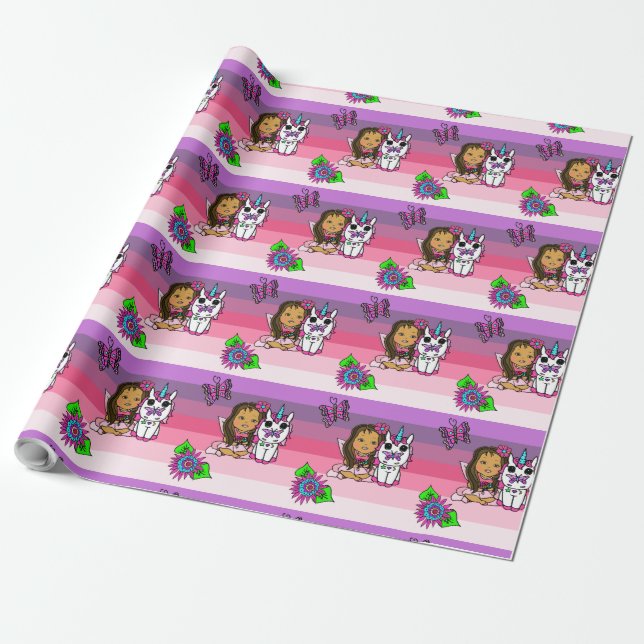 Papel De Presente Fada Caprichosa Rosa Roxo, Flores, Borboletas (Desenrolado)