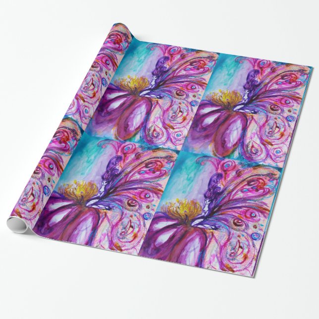 PAPEL DE PRESENTE FADA FLORAL CAPRICHOSA E FOFINHA EM ROSA,BRILHOS D (Desenrolado)