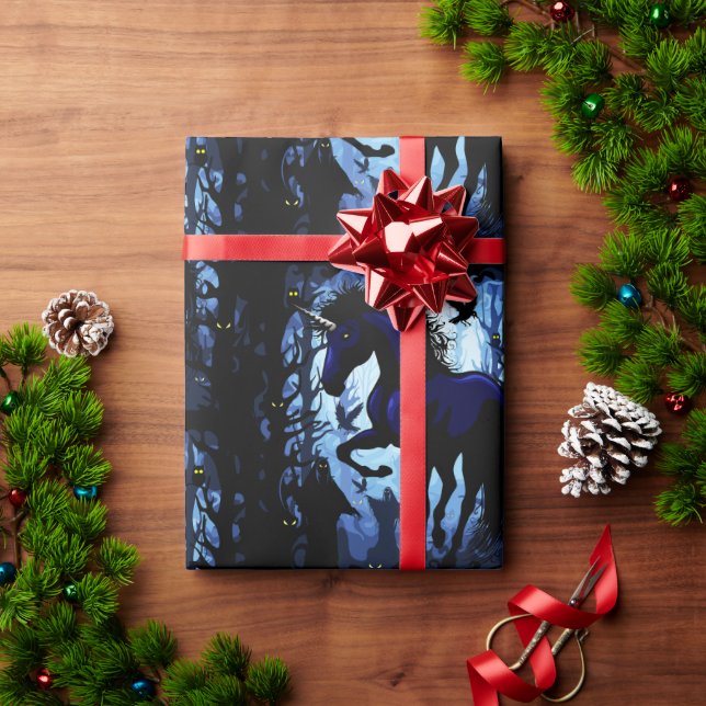 Papel De Presente Fada Mágica Negra Unicórnio na Floresta Negra (Presente de Natal)