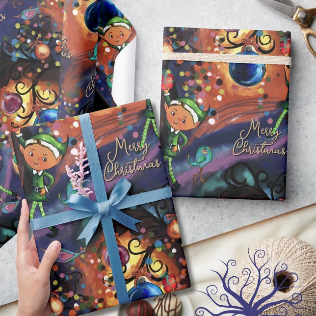Papel De Presente Fada Mágico & Pássaro Natal Caprichoso (Magical Elf & Bird Whimsical Christmas Wrapping Paper)