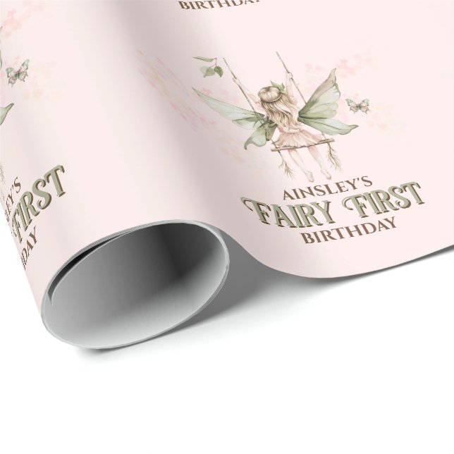 Papel De Presente Fada Rosa Personalizada - Primeiro primeiro aniver (Ponta do rolo)