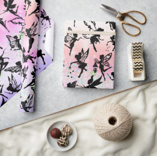 Papel De Presente Fada Silhouette Pattern Sparkly Rainbow Girly