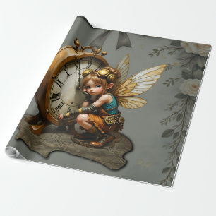Papel De Presente Fada Steampunk com Asas de Ouro e Relógio Antiquad