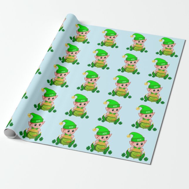Papel De Presente Fada verde fofo com um pote de ouro em azul claro (Desenrolado)