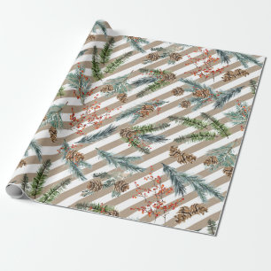 Papel De Presente Faixa Branca Festiva Pinheiro Spruce Kraft Feriado