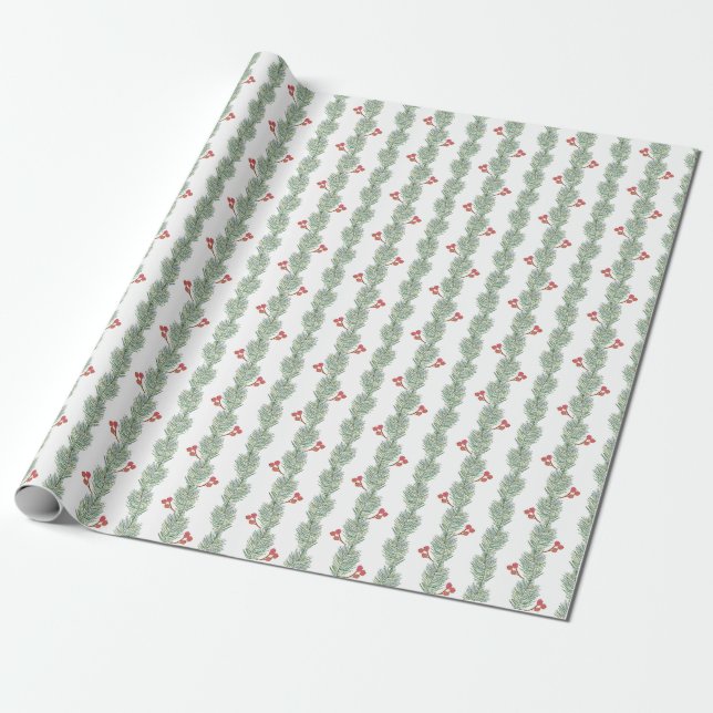 Papel De Presente Faixa de Abeto de Natal e Bagas Vermelhas (Desenrolado)