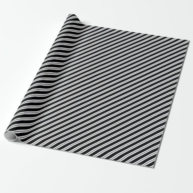 Papel De Presente Faixa de Diagonal em MultiLargura Preta e Branca (Desenrolado)